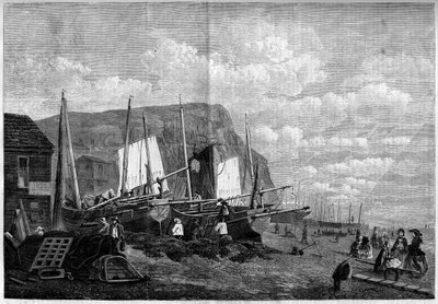 Fiskebåter på Hastings Beach, England av French School