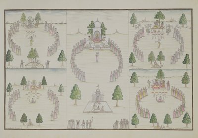 Fem hinduiske kulter: Shiva, Krishna, Vishnu, Brahma og Mother Goddess fra The Gentil Album, utgitt i 1774 av French School