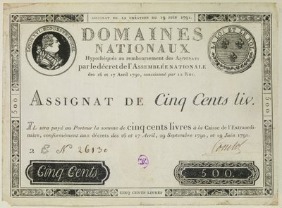 Fem hundre livres seddel, 19. juni 1791 av French School