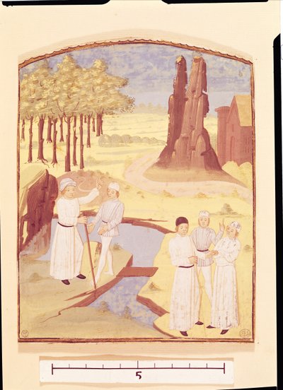 Fem personer som diskuterer hagedesign, fra Livre des Prouffitz Champestres av Pietro de Crescenzi (1230-132021) av French School