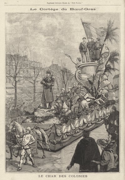 Float of the Colonies i Boeuf Gras karnevalsprosesjon, Paris, Frankrike (gravering) av French School