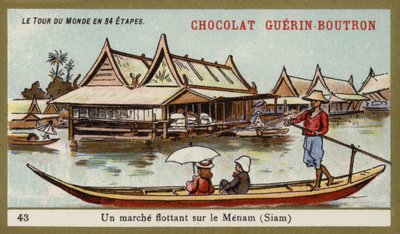 Flytende marked ved elven Menam, Siam (chromolitho) av French School