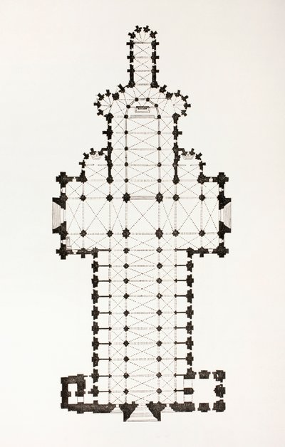 Gulvplan for det 13. århundre Ogive Style Notre Dame katedral i Rouen, Frankrike, fra Les Arts Au Mooen alder, publisert 1873 av French School
