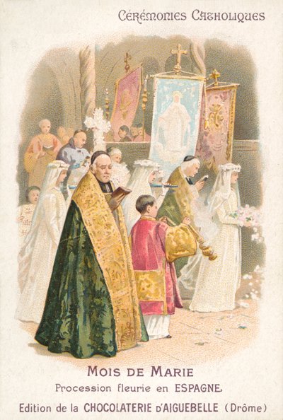 Blomsterprosesjon til ære for Jomfru Maria i mai måned, Spania (chromolitho) av French School