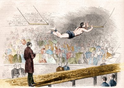 Flygende trapesnummer av den franske akrobaten Jules Leotard (1839-1870) ved Cirque de Napoleon (i dag Cirque d