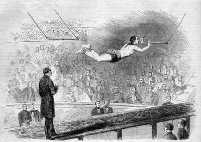 Flygende trapesnummer av den franske akrobaten Jules Leotard (1839-1870) ved Cirque de Napoleon (i dag Cirque d'Hiver), Paris av French School
