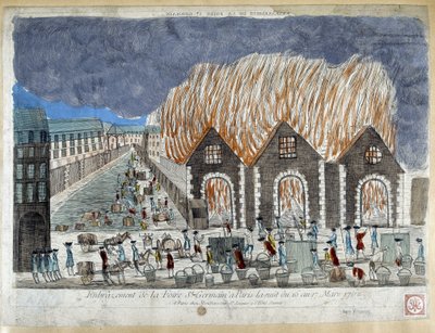 Fair of the Foire Saint Germain i Paris, natten fra 16. til 17. mars 1762 - gravering av French School