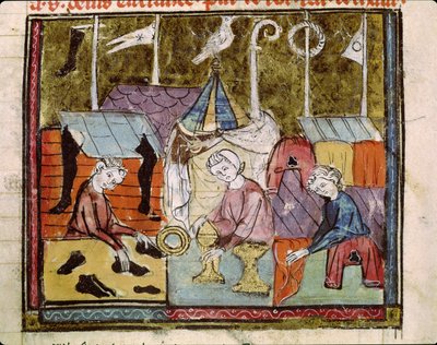 Fol.122v Merchants på Lendit Fair nær St. Denis, fra Grandes Chroniques de France, 1375-79 av French School