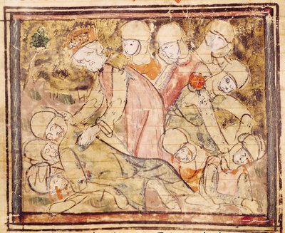 Fol.136v Hvordan Charlemagne (742-814) fant Roland død, fra Grandes Chroniques de France, 1375-79 av French School