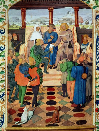 Fol.185v Charles VII (1403-61) gir et dokument til Jeanne d'Arc (1412-31) fra Le Jouvencel av Jean de Bueil (1405-78) av French School