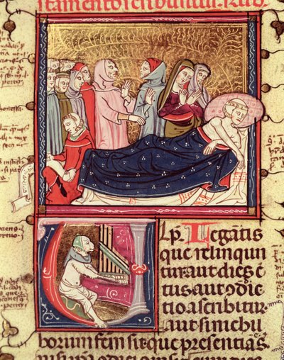 Fol.195v En døende mann som dikterer hans testamente, fra Justiniani i Fortiatum av French School