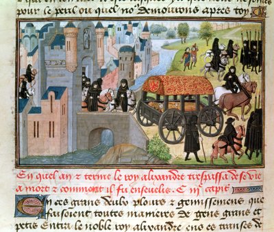 Fol.305v Hvordan Alexander den store (356-323 f.Kr.) gikk bort og ble begravet, fra manuskriptet til Jean Vauquelin, fra Histoire du Grand Alexandre, 1460 av French School