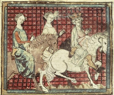 Fol.31r Chilperic I (543-97) og Fredegonde til hest, fra Grandes Chroniques de France, 1375-79 av French School