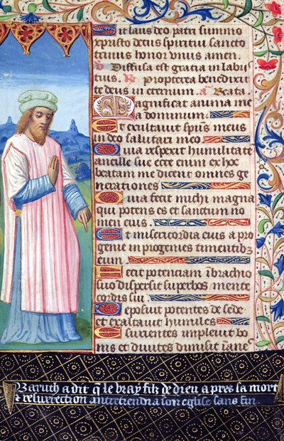 Fol.36v Tekst av Magnificat med et portrett av Baruch, fra Heures a lUsage de Rome av French School