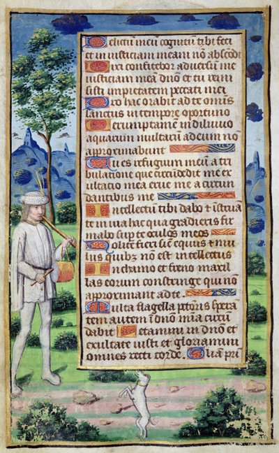 Fol.50v Side med tekst med en kantdetalj av en musiker som får hunden sin til å danse, fra 