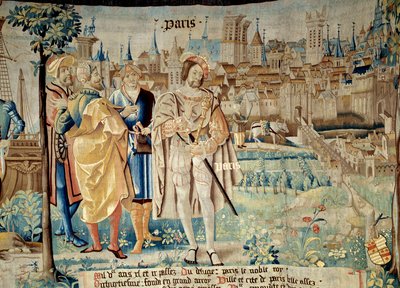 Fondation de la ville de Paris. Kong Francois I (1494-1547) bestemte seg for å etablere sin permanente hovedstad i Paris da han kom tilbake fra fangenskap i 1527. Tapetet av "The fabulous history of the Gaules"" laget av verkstedet til Arras. 1530 Beauvais av French School