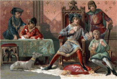 For distraksjon pleide kongen av Frankrike Charles VI (1368-1422) å spille kort. Kromolitografi rundt 1890. av French School
