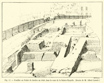 Utgravninger ved Palais de Justice i 1848, i gårdsplassen til Sainte-Chapelle, tegning av M Albert Lenoir av French School
