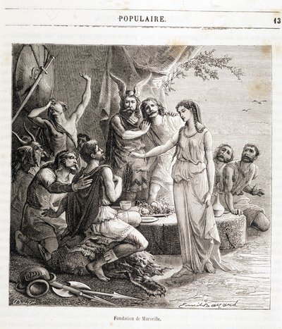Grunnleggelsen av Marseille: den franske byen ble grunnlagt av greske sjømenn i 600 f.Kr. Gravering i "Histoire de France populaire"" av Henri Martin. 1800-tallet av French School
