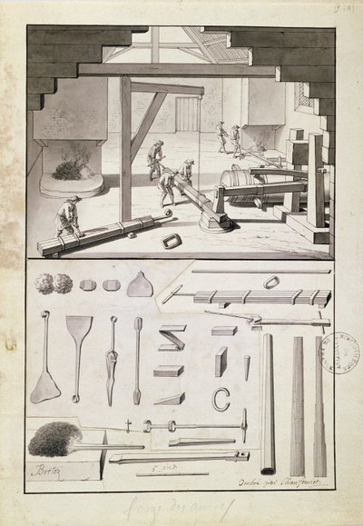 Støperi, tegning for Description des Arts et Métiers, av L. Simonneau, som inspirerte Diderot for Encyclopédie av French School