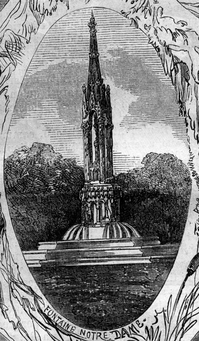 Paris-fontenen: utsikt over jomfrufontenen (Notre Dame-fontenen) (cirka 1845). Gravering i "" Le Monde Illustré"" nr. 254 av 22. februar av French School