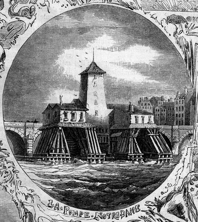 Fountain of Paris: utsikt over Pompe Notre Dame (1676). Denne hydrauliske pumpen ble revet i 1858. Gravering i “” Le Monde Illustré”” nr. 254 av 22. februar av French School