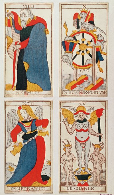 Fire tarotkort som viser Eremitten, Lykkehjulet, Temperance og Djevelen (farget tregravering) av French School