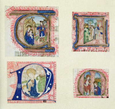 Fire historiske initialer som viser tilbedelsen av magiene, krybben, David og Batseba og Kristus i hagen av French School