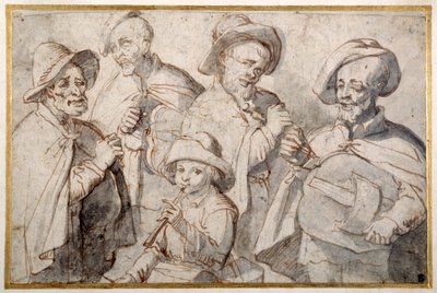 Fire sløyfespillere og en gutt med pipe, ca. 1650-99 (penn og blekk på papir) av French School