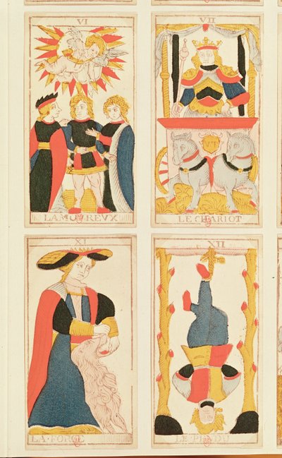 Fire tarotkort som viser The Lovers, The Chariot, Strength and The Hanged Man (farget tregravering) av French School