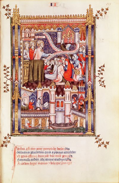 Fr 2091 fol.111 St. Denis forkynner for pariserne som bryter sine hedenske avguder, fra Vie de St. Denis, 1317 av French School