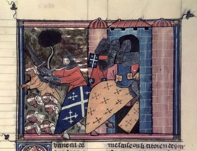 Fr 22495 fol.115r Mounted Crusaders kjemper mot saracenerne i ca. 1185, fra Le Roman de Godefroi de Bouillon av French School