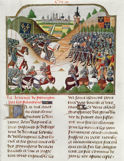 Fr 2691 f.183 Kampscene, fra «Karl VII av Frankrikes krønike» av Jehan Charetier (vellum) av French School
