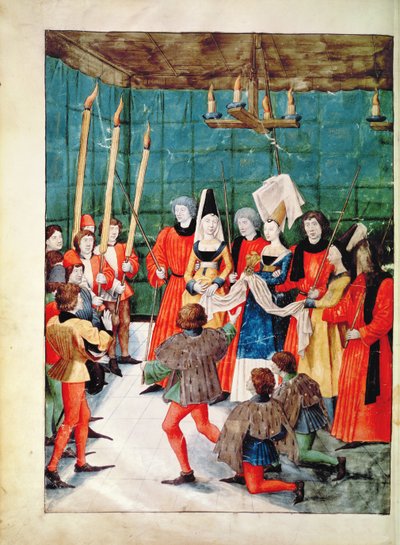 Fr 2692 f.70v Dronningen overrekker prisen for en jousting-turnering, fra Livre des Tournois de Rene dAnjou, c.1488-89 av French School
