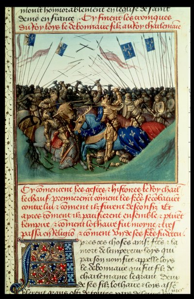 Fr 6465 f.140 Lothair I (795-855) Keiser av Vesten i kamp med sine brødre Ludvig den tyske (ca. 804-76) og Karl den skallede (823-77) ved Fontenoy en Puisaye i 841 av French School