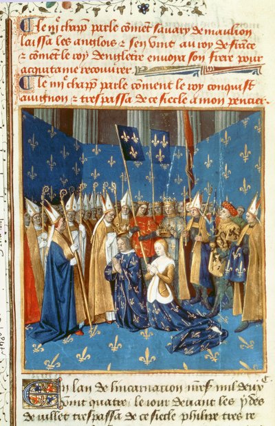 Fr 6465 f.247v Kroningen av Ludvig VIII (1187-1226) og Blanche de Castile i Reims i nærvær av kongen av Jerusalem av French School
