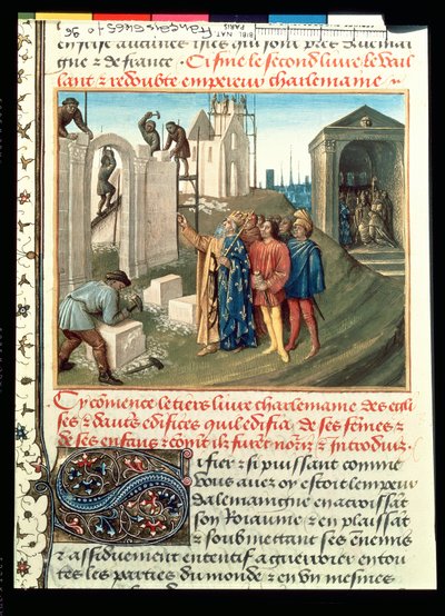 Fr 6465 f.96 Bygging av kirken i Aix La Chapelle av Charlemagne (742-814) av French School