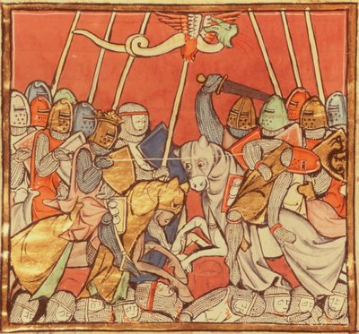Fr 95 fol.173v Slaget ved Bedigran, fra The Story of Merlin, c.1280-90 av French School