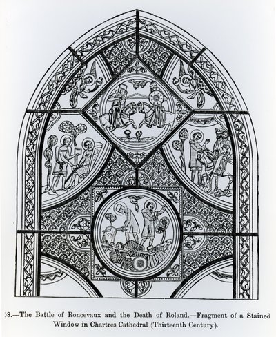 Fragment av et glassmaleri i Chartres katedral, som viser slaget ved Ronceveaux og Rolands død, illustrasjon fra vitenskap og litteratur i middelalderen og renessansen, skrevet av French School