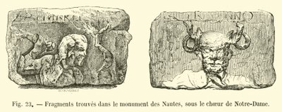 Fragmenter funnet i monumentet til Nautes, under koret til Notre-Dame av French School
