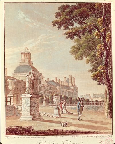 Frankrike, Paris, Tuileries-palasset, gravering av French School
