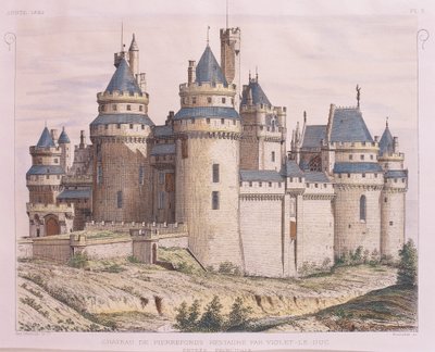 Frankrike, Pierrefonds middelalderslott, restaurert av Violet le Duc fra Moniteur des Architectes, gravering av French School