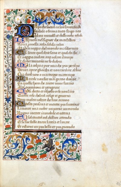 Francesco Petrarca (Petrarca): incipit fra et opplyst manuskript fra den franske skolen på 1300-tallet. Kommunal Bibl. av Rimini. av French School