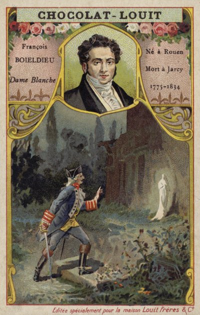 Francois-Adrien Boieldieu, fransk komponist, og en scene fra operaen hans La Dame Blanche (chromolitho) av French School