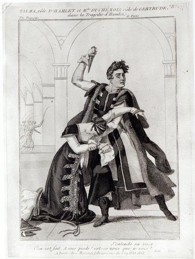 Francois-Joseph Talma (1763-1826) som Hamlet og Mademoiselle Duchenois som Gertrude, i Shakespeares "Hamlet" tilpasset av Jean-Francois Ducis, etter 1769 av French School
