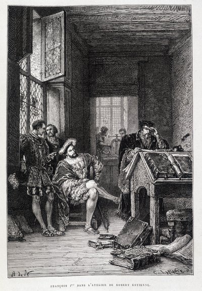 Francois 1. i Robert Estiennes atelier - gravering av French School