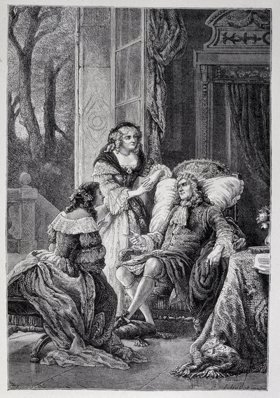Francois de la Rochefoucauld (1613-1680) snakker med Mademoiselle de Sevigne (Marie de Rabutin-Chantal), Marquise de Sevigne dit Madame de Sevigne (1626-1696) og Marie-Madeleine (Marie Madeleine) Pioche de La Vergne, grevinne av La Vergne (Madam av F av French School