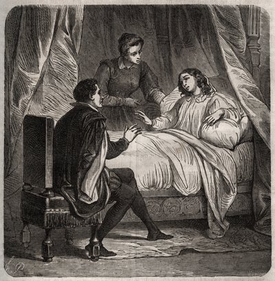 Francoise de Foix, Countess of Chateaubriant (ca. 1495-1537), ill, receives Clement des Marets dit Marot (1496-1544), the valet of Francois 1st, in bed. Engraving from 1871 in “Histoire Des Cocus Celebres”” by Henry de Kock (1819-1892). av French School