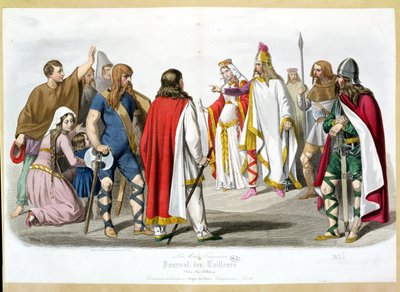 Frankiske og merovingerkostymer, historisk moteplate fra Les Modes Francaises - Journal des Tailleurs, 1836 av French School