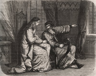 Fredegonde (545-597) confides his concerns to harp player Barbantini because his lover Chilperic (then the King of the Francs Chilperic I (543-597), did not marry him. 565. Engraving from 1871 in “Histoire Des Cocuses Celebres”” by Henry de Kock (1819-1892 av French School